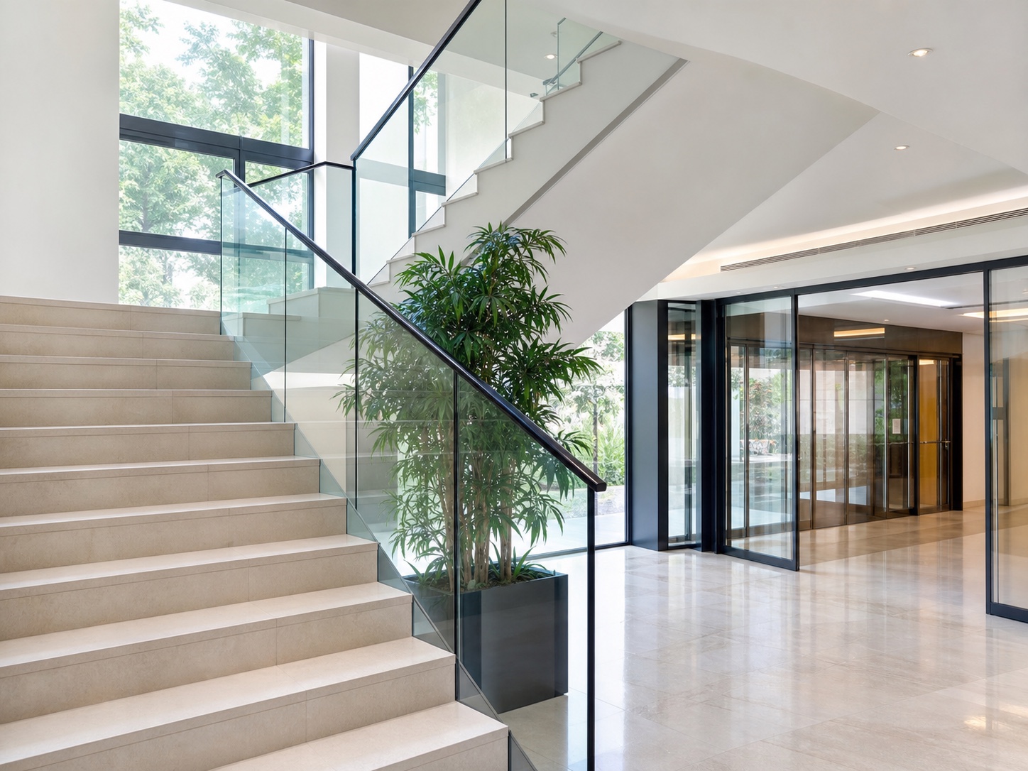 Sauberes modernes Treppenhaus mit Glasgeländer
