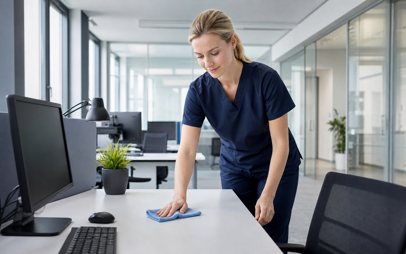 Professionelle Reinigungskraft in einem modernen Büro